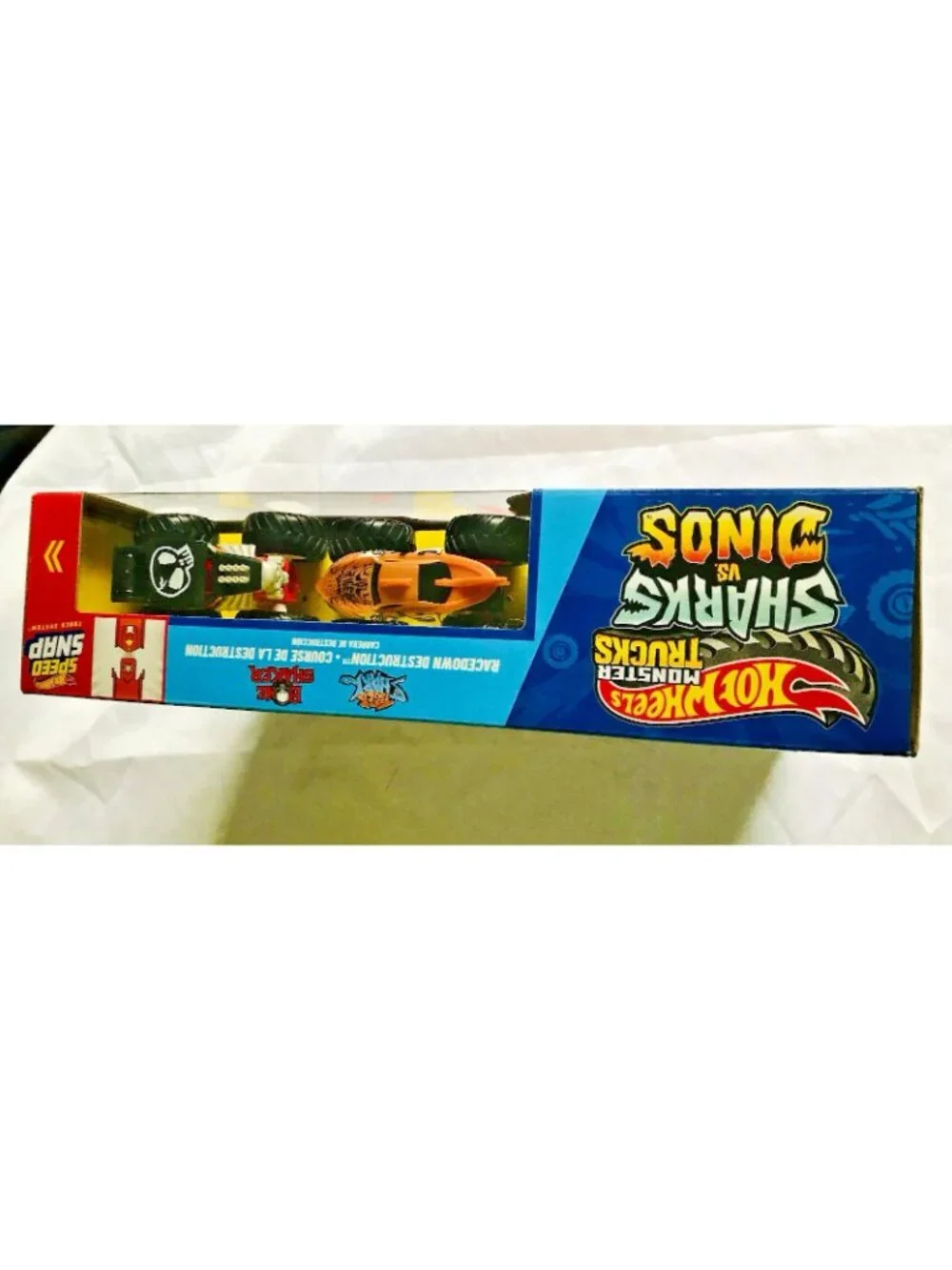 Hot Wheels Monster Trucks Race Down Destruction Track Sharks VS Dinos Playset